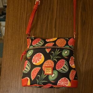 Dooney & Bourke Black Crossbody Bag with Red Trim and Multicolor Fruit Print
